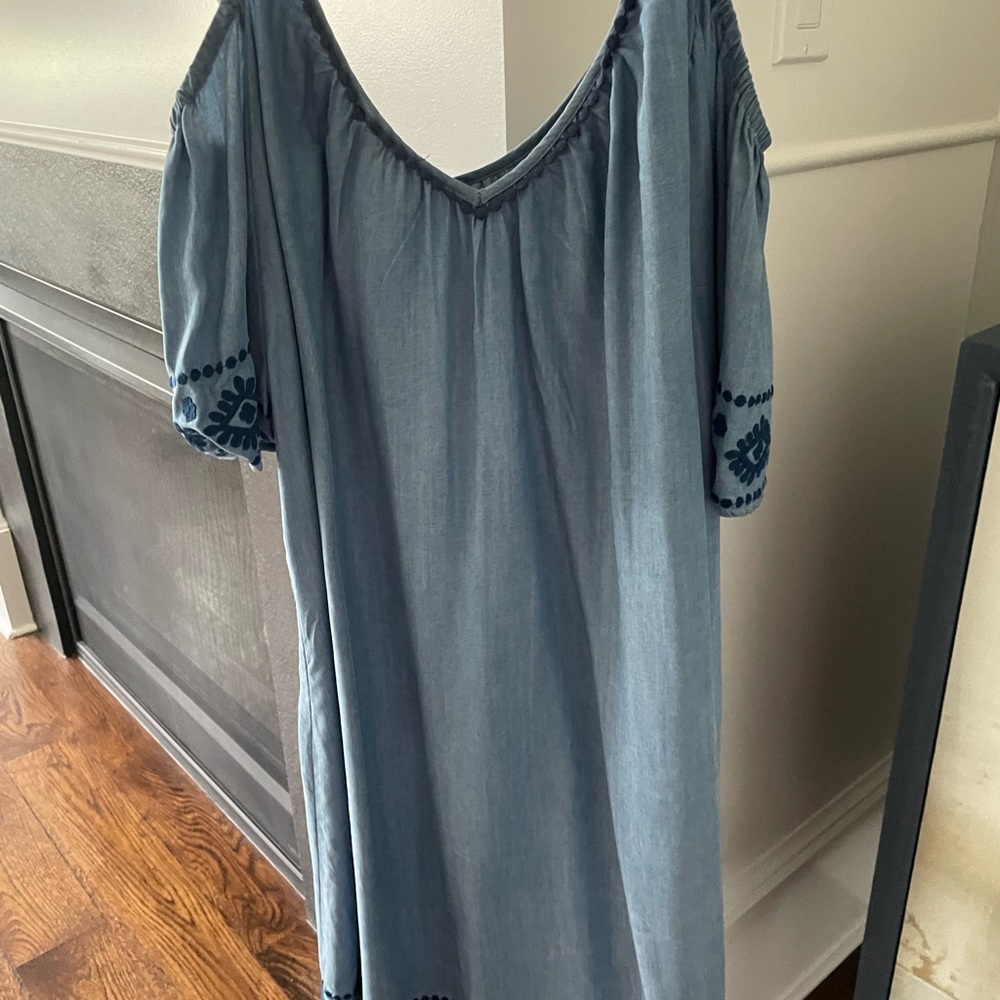 Tencel blue cold shoulder dress.  Above the knee.  Like new.